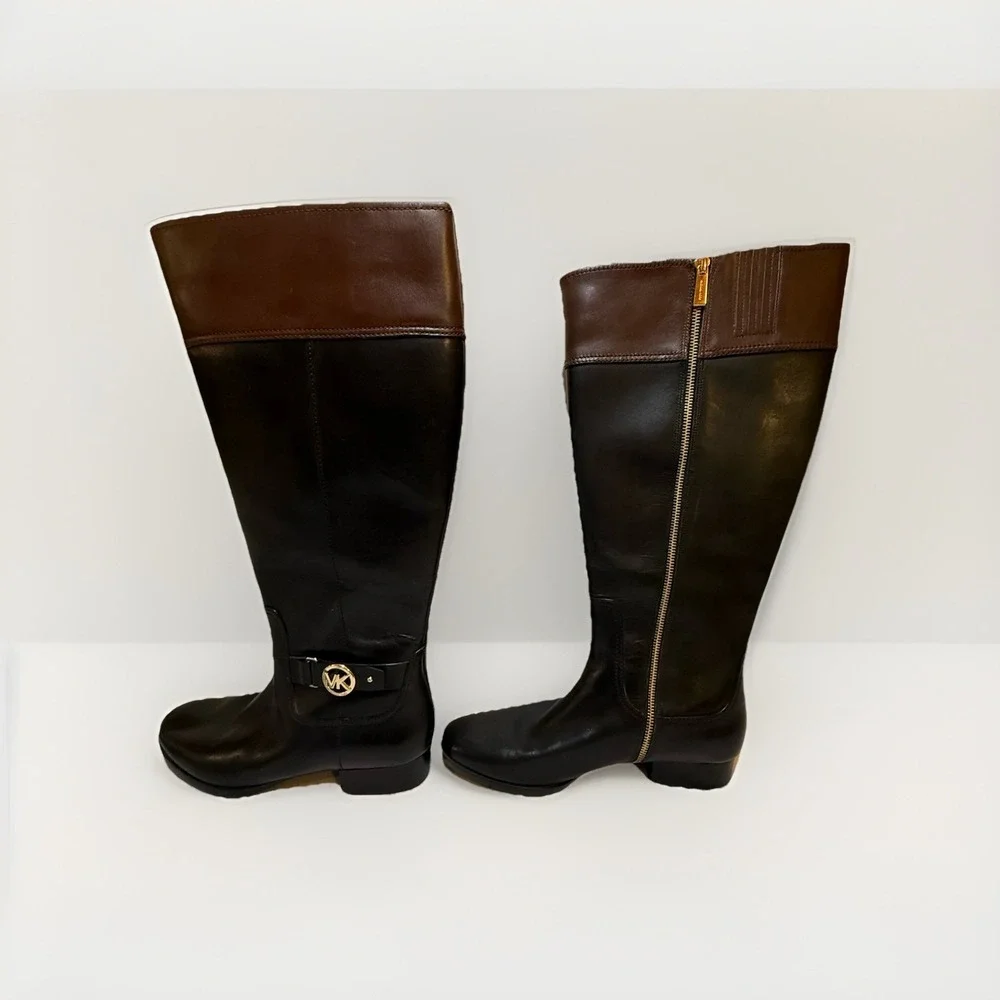 Michael Kors Fulton Harness Trail Black Mocha Brown Knee High Riding Boot 11 M